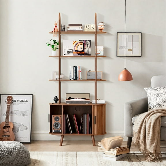 Tall Fluted Arched Bookshelf with Doors, Vinyl Record Player Stand with Storage for Living Room