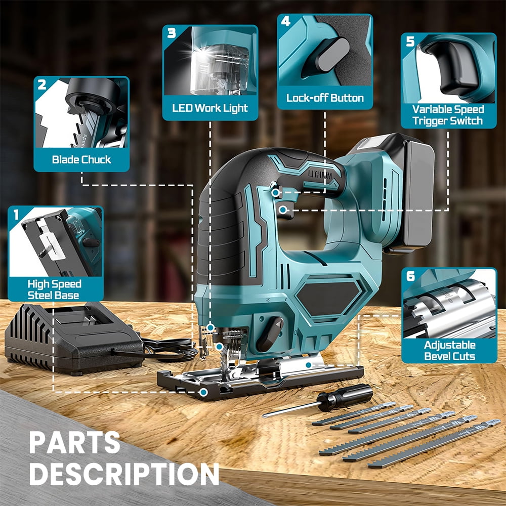 Cordless Jig Saw 21V, Electric Jigsaw Tool with tow 10× 1300mAh Batteries, 2700RPM Variable Speed for Wood Cutting, 0°-45° Bevel Cuts, LED Light, 3 Orbital Settings for Straight/Curve/Circle Cutting