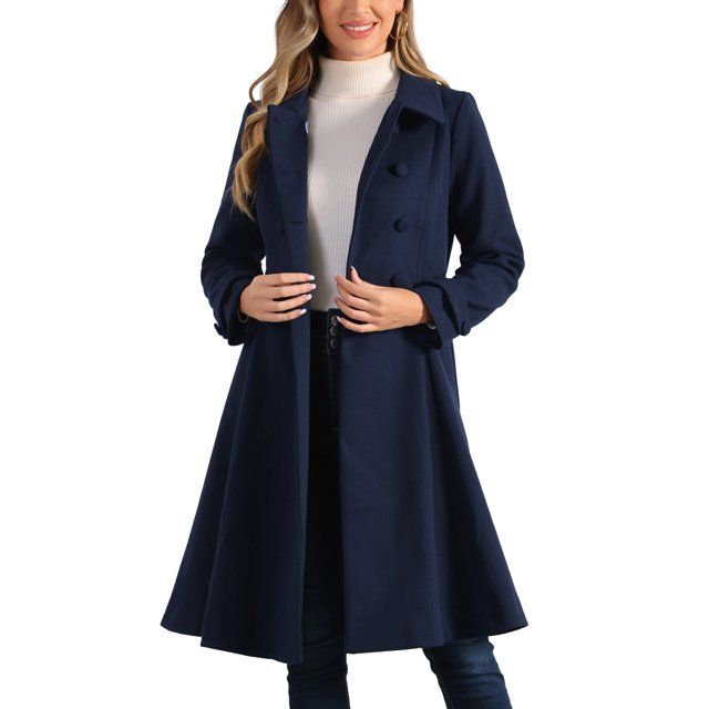 INSPIRE CHIC Women's Vintage Solid A Line Double Breasted Collared Winter Overcoat M Dark Blue