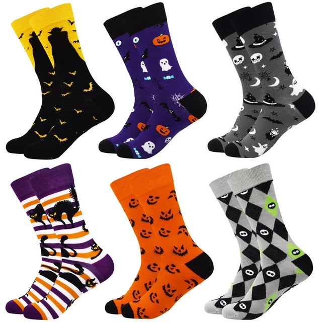 Funny Halloween Socks for Men Fun Crazy Crew Dress Socks 6 Pairs
