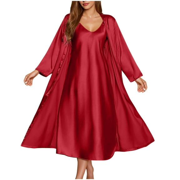 Rohuuque Women's Silk Robe Set Satin Nightwear Set Chemise with Lightweight Robe Flattering Loungewear Cami Sleepwear Sets Burgundy