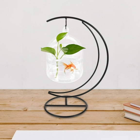 FRCOLOR 1 Set of  Desktop Hanging Glass Fish Tank with Stand Table Aquarium Glass Betta Fish Bowl