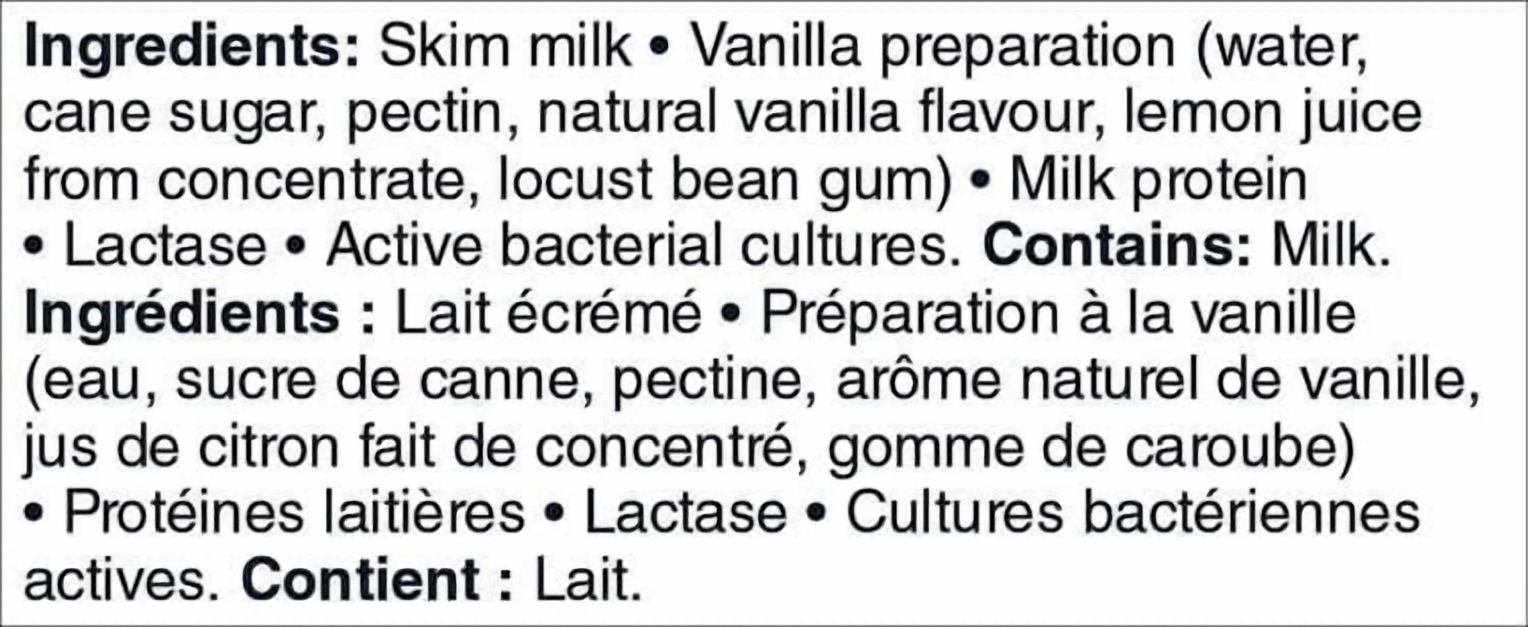 Our FinestTM 0% M.F. Lactose Free Vanilla Greek Yogurt, 750 g
