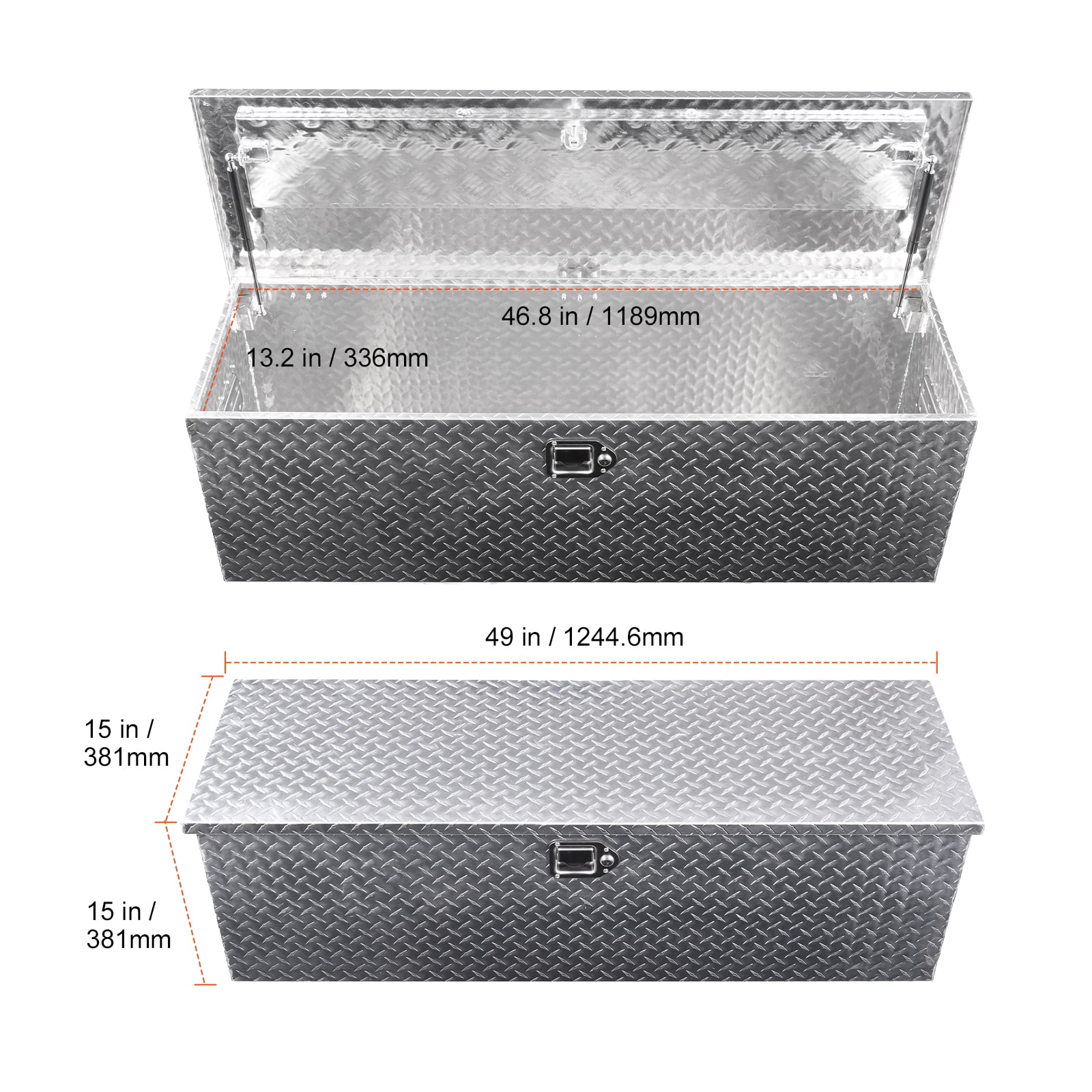 VEVOR Heavy Duty Aluminum Truck Bed Tool Box, Diamond Plate Tool Box with Side Handle and Lock Keys, Storage Toolbox Chest Organizer for Trailer, Pickup, Truck Bed, RV, 49"x15"x15", Silver