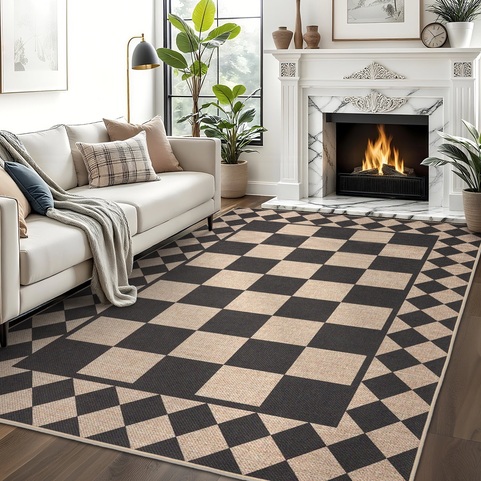 Washable Area Rug 5x7 Modern Checkered Easy Jute Rug, Non-Shedding Low Pile Indoor Outdoor Carpet, Contemporary Floor Mats, Easy Cleaning, for Bedroom, Backyard, Black White