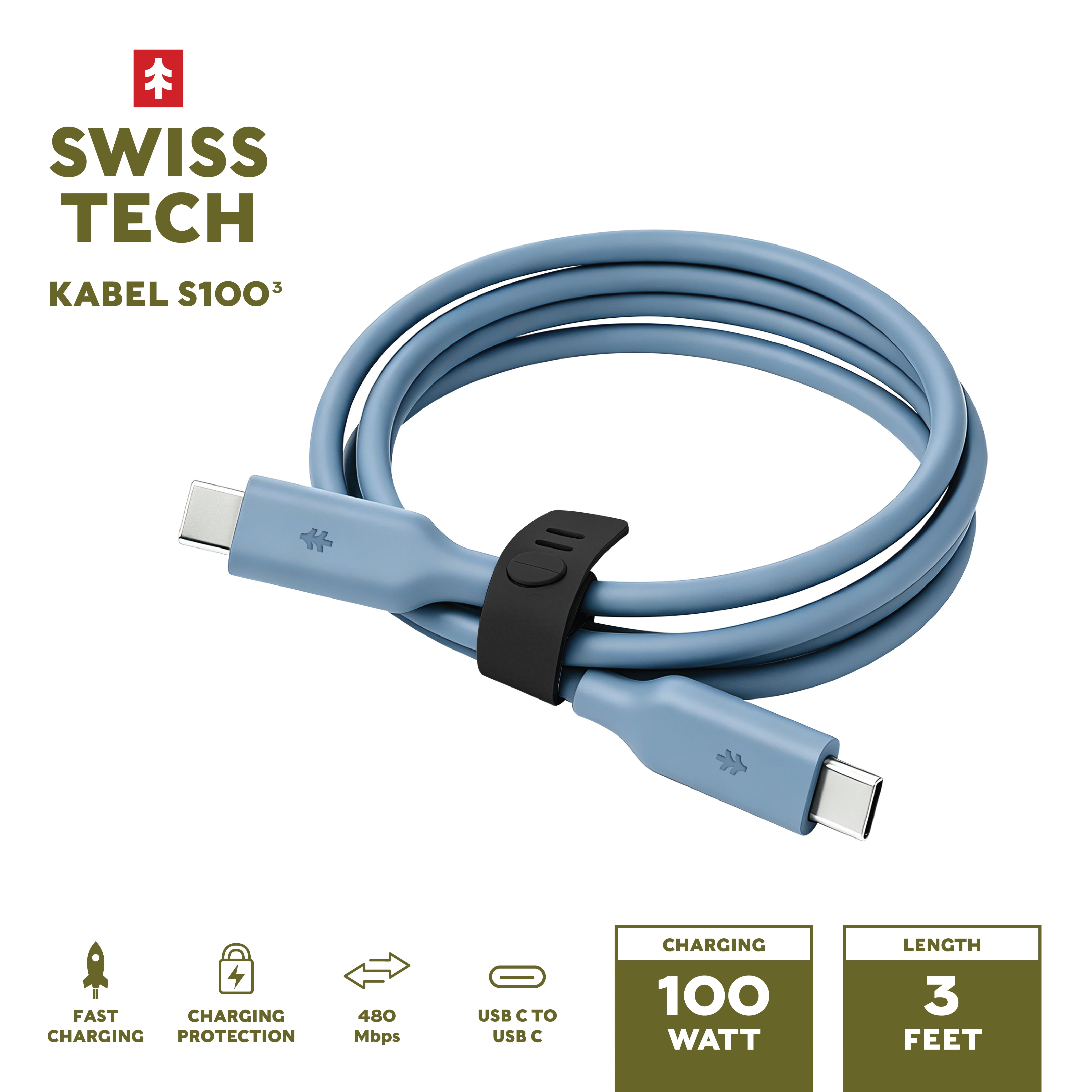 Swiss Tech Kabel S100 3 ft 100W Soft Touch USB-C to USB-C Charging Cable, Cresta Blue