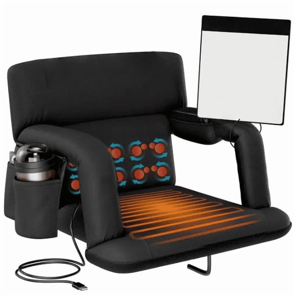 Heated Massage Reclining Stadium Seat for Bleachers with Back Support 6 Reclining Positions Waterproof 600D Polyester Portable Outdoor Chair with Pockets for Sports Camping