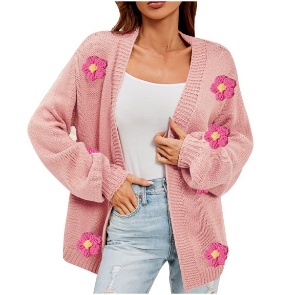 Ahdbta Women's Cardigan Sweaters Open Front Long Sleeve Cable Knitted Coats Flower Decor Loose Fitted Y2K Sweaters Jackets