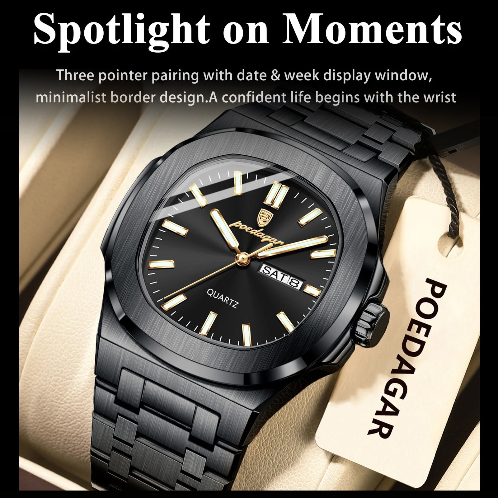 POEDAGAR Luxury Man Watch Square Waterproof Luminous Date Week Stainless Steel Quartz Men's Watches