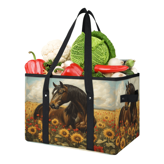 ADECORIVY Floral Horse Reusable Grocery Bags, Foldable Reusable Shopping Bags, Flowers Sunflower Collapsible Tote Bag with Reinforced Handles for Kitchen, Picnic