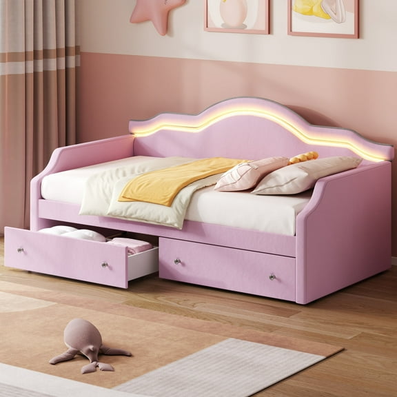 [Luckynote]Twin Size Upholstered Daybed with LED and 2 Drawers, Pink