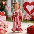 thumbnail image 2 of Girls Romper Valentine's Day Heart Embroidery Flared Denim Overalls with Adjustable Straps Casual Play Outfit for Toddler Red 6 Months-12 Months, 2 of 5