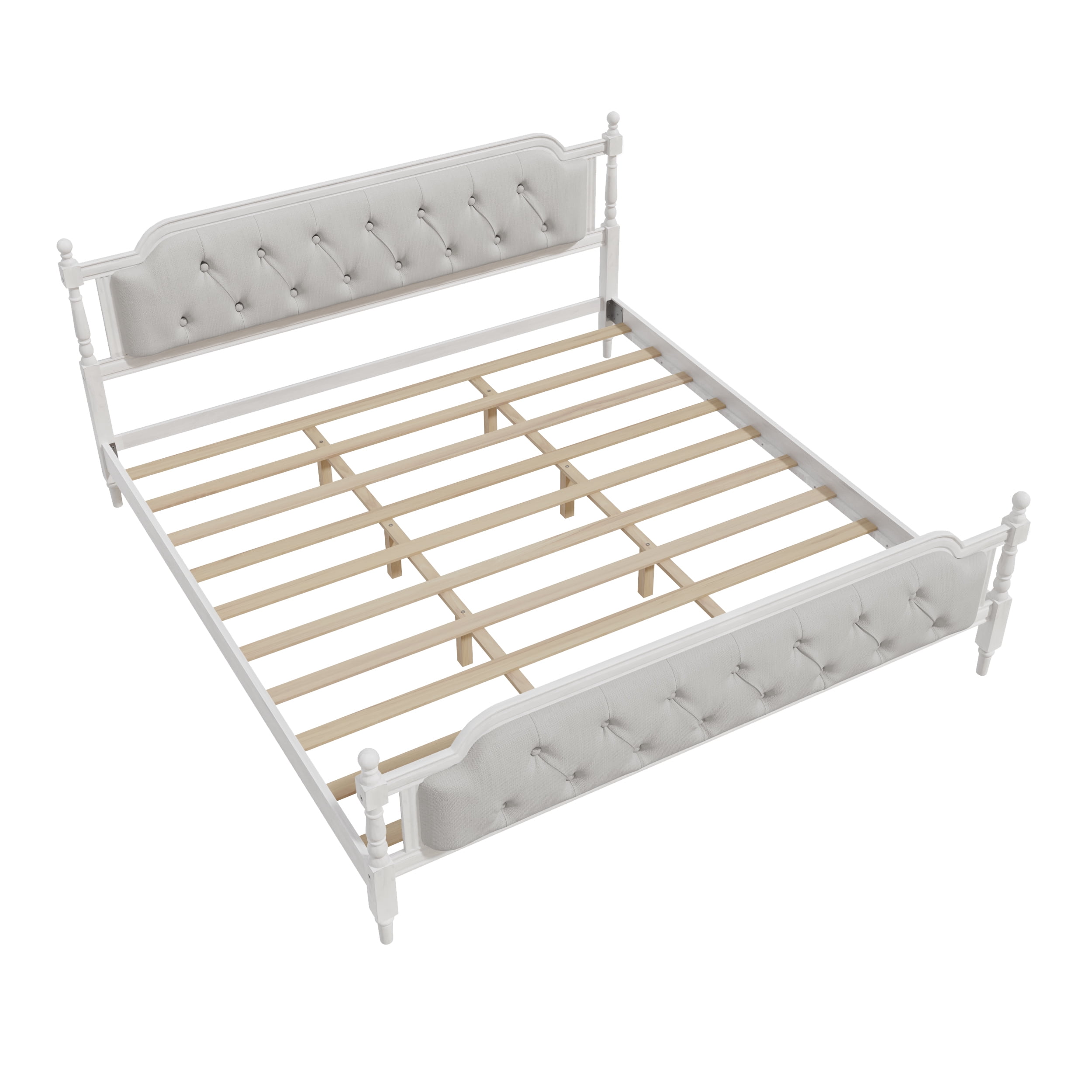 MAYEERTY King Traditional Solid Wood Bed Frame Upholstered Tufted Headboard for Bedroom Antique White