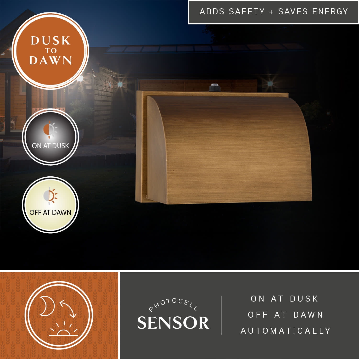 Walsh 4.75 in. H 1-Light Warm Brass Dusk to Dawn Modern Contemporary Outdoor Wall Sconce with Metal Shade, LED Compatible, Dark Sky Compliant, Use for Exterior Porch Patio Front Door or Garage