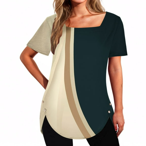 Rezuofi 1 Pcs Tunic Tops for Women Trendy 2025 Boho Floral Print Summer Shirts Dressy Casual Square Neck Short Sleeve Blouses