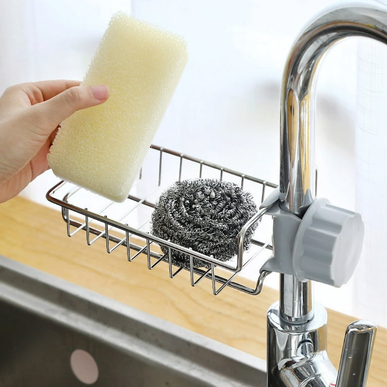 Lonin Sponge Holder Over Faucet Kitchen Sink Caddy Organizer, Stainless Steel Detachable Hanging Faucet Drain Rack for Bathroom, Scrubbers, Soap, Chro