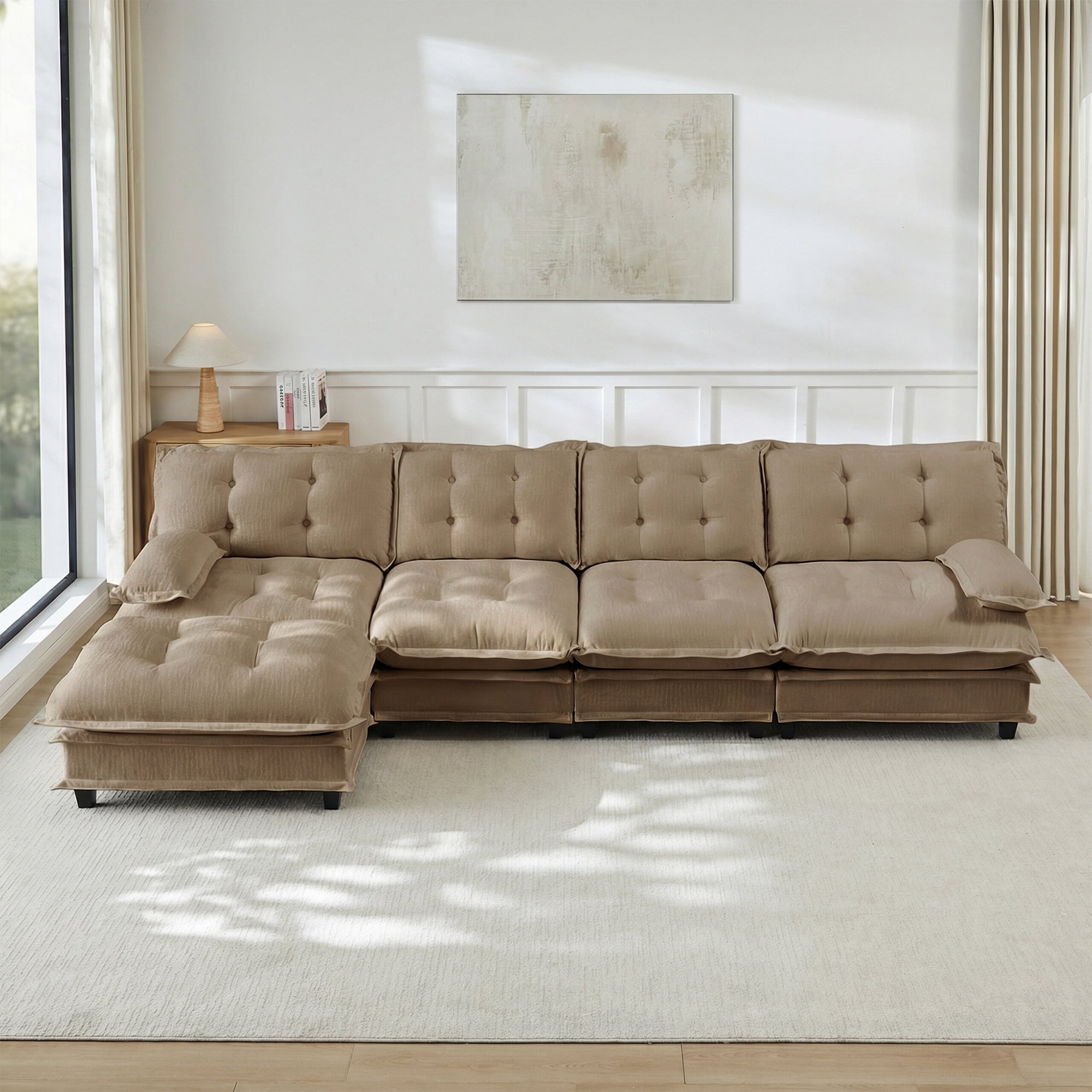 AISWORD 138" L-Shaped Modular Sectional Cloud Sofa with Ottoman, Chenille Fabric Deep Seat Couch with Lattice Decored Cushions
