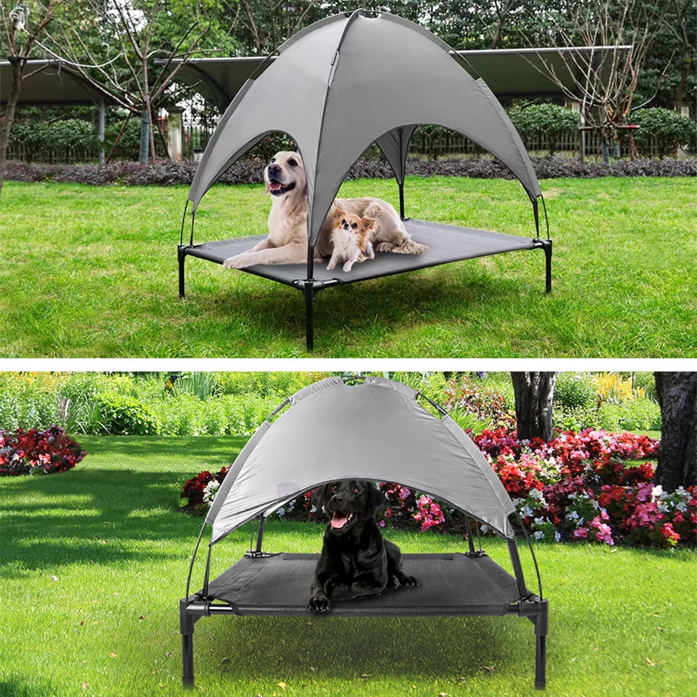 Outdoor Elevated Dog Bed with Canopy, 30x24inch Waterproof Raised Pet Bed with Breathable Mesh Portable Dog Cot for Camping, Backyard, Travel