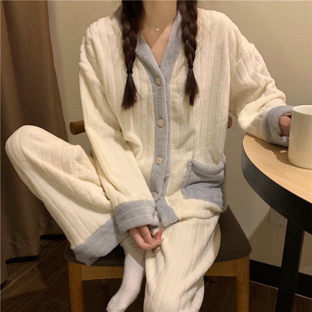 Pijamas de franela de otoño e invierno para mujer, traje de casa lindo con forro polar grueso de manga larga de invierno para mujer