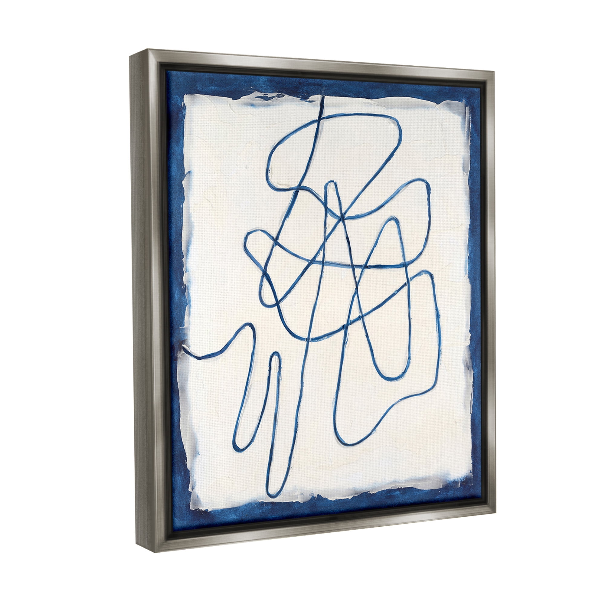 Stupell Industries Blue Line Abstraction Abstract Painting Gray Floater Framed Canvas Art Print Wall Art, 25 x 31