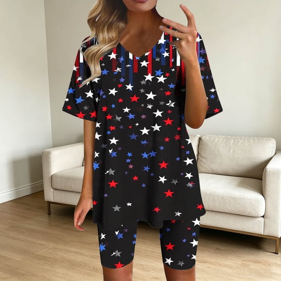 Pounoo Women's 2 Piece Outfits Knit Sets Independence Day Style Lightweight Breathable V Neck Short Sleeve Star Print Top And Biker Shorts Gift