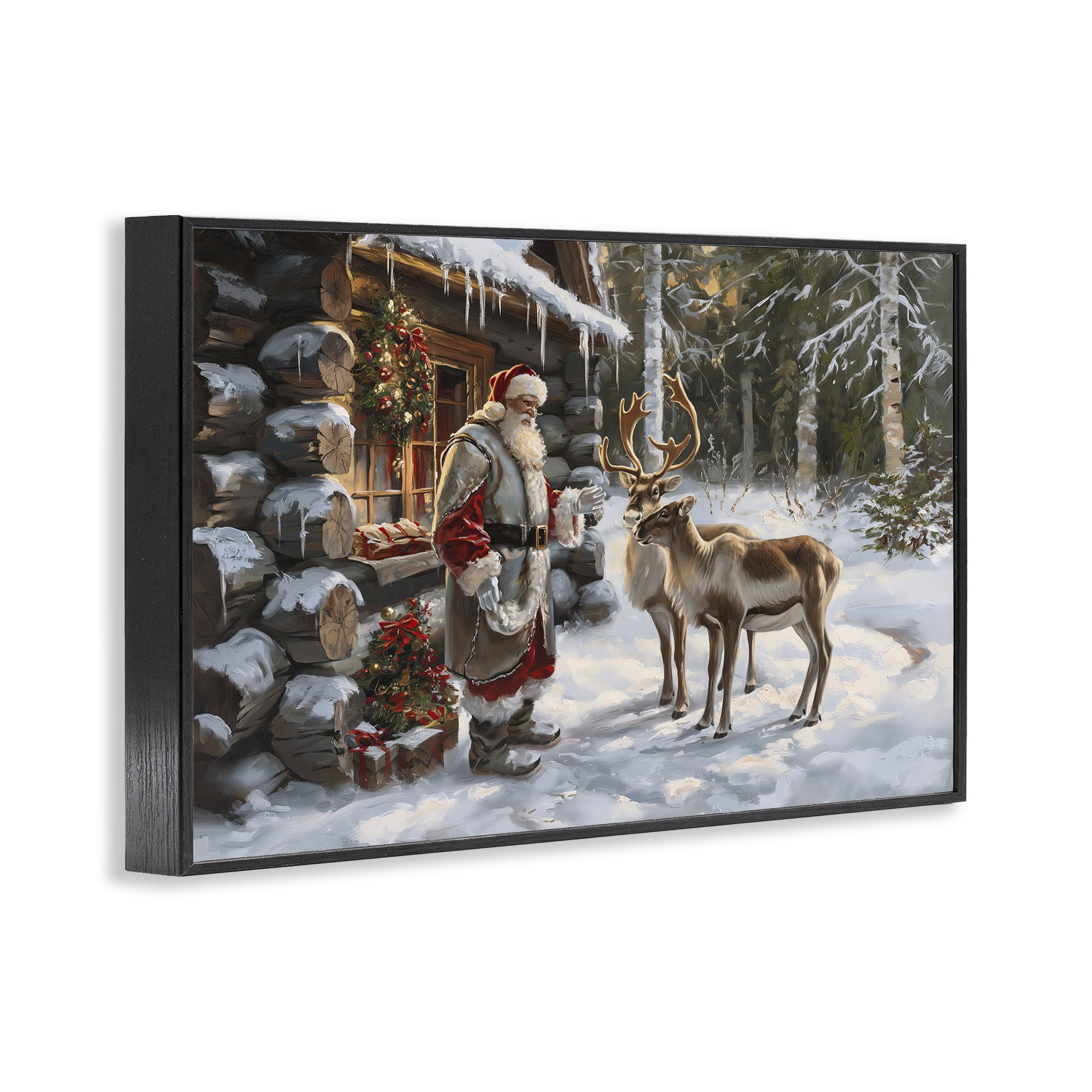 Stupell Industries Santa's Cabin with Reindeer Holiday Painting Black Framed Art Prints Wall Art, 18 x 12