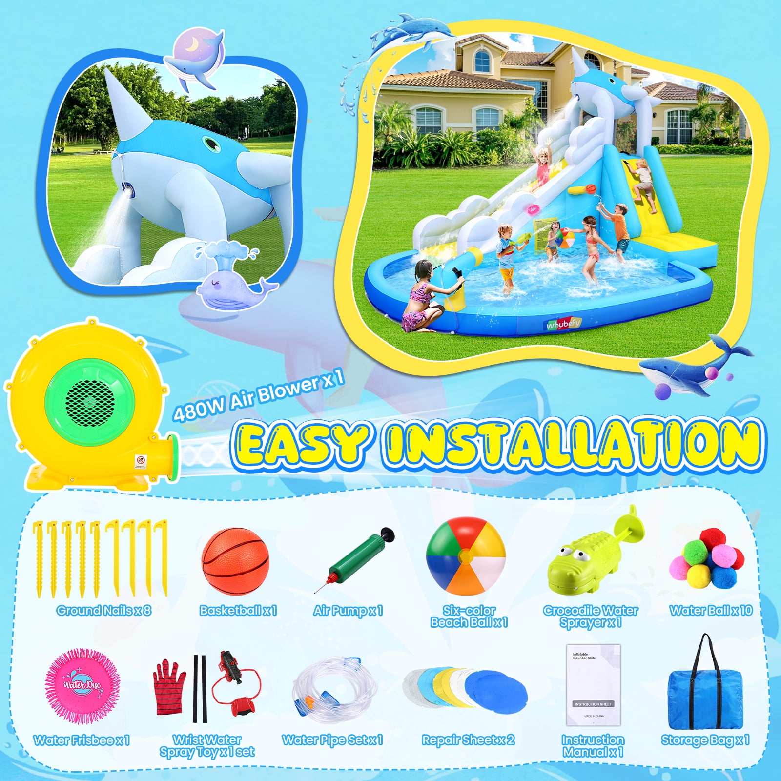 Adnoom Inflatable Water Slide with 480W Blower, Bounce House for Kids Backyard, Bouncy Castle with Large Pool/Basketball Hoop, Inflatable Water Park with Whale Water Slide/Climbing Wall/Water Cannon