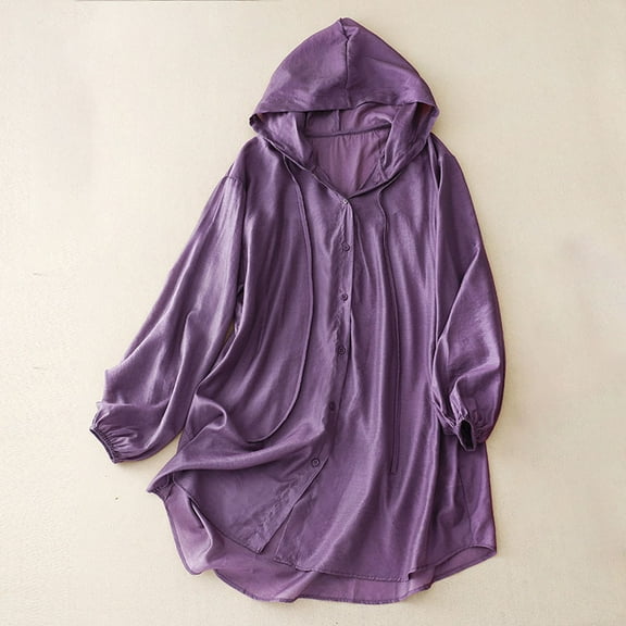 HongQid Cotton Cover Up for Women Button Down Hooded Shirt Long Sleeve Beach Cover Ups