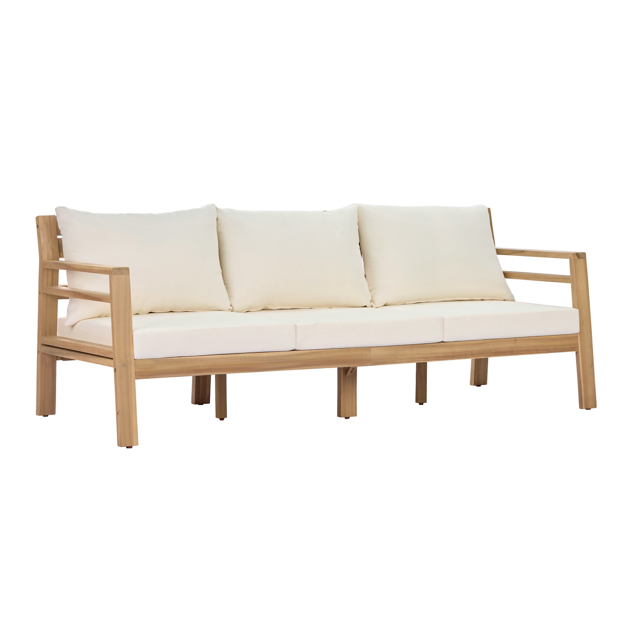 Christopher Knight Home 76" Outdoor Acacia Wood 3-Seater Sofa with Curved Backrest, Light Teak+Beige