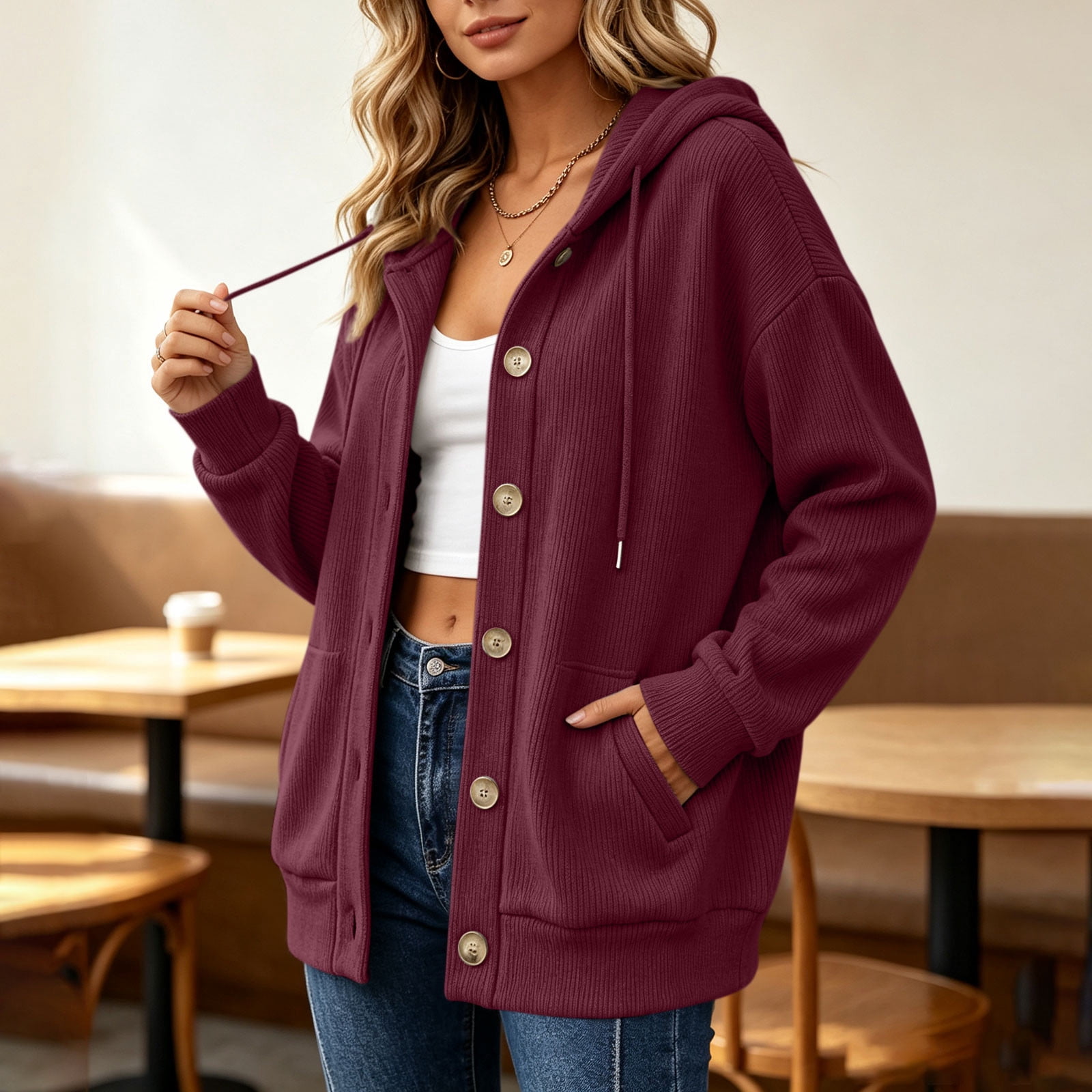 Mineart Women Long Sleeve Ribbed Texture Shacket Jacket Button Down Hooded Coats Cardigan Outerwear