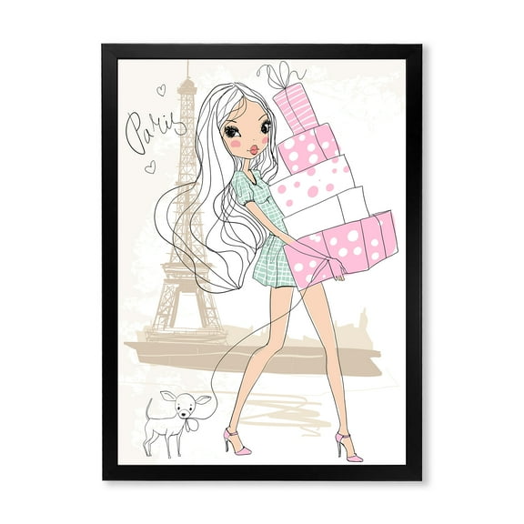 Designart 'Young Woman With Shopping Boxes In Paris' Shabby Chic Framed Art Print