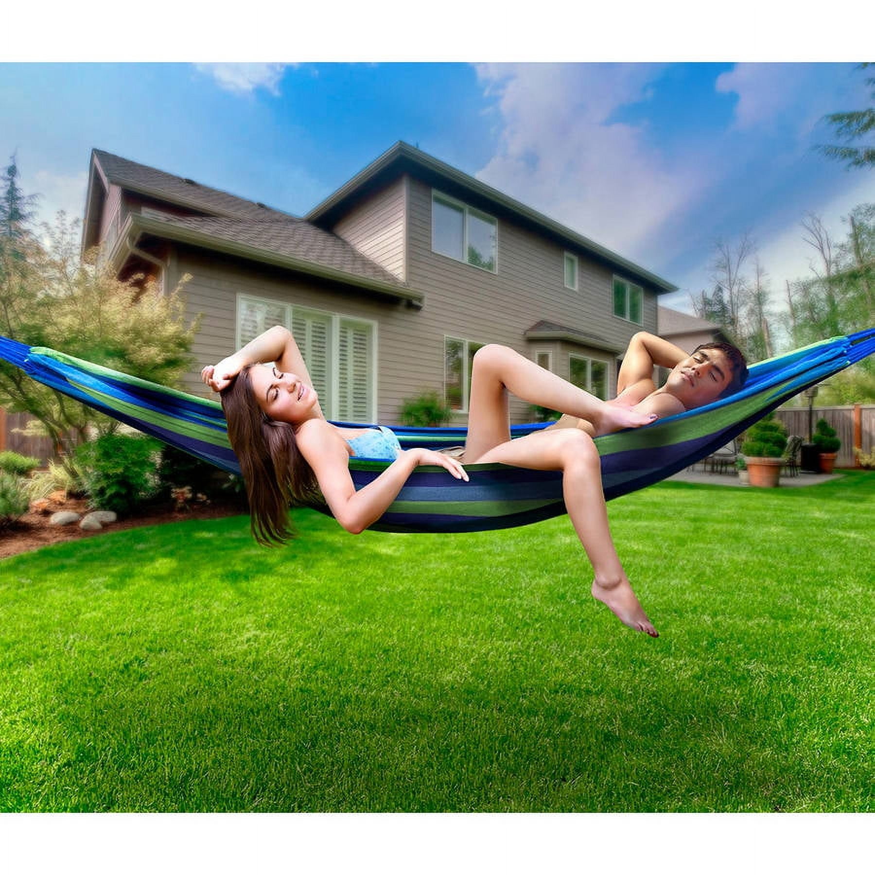 Sorbus Extra Long Brazilian Double Hammock Cotton Two Person Portable Bed for Indoor Outdoor Green Blue Stripes Walmart