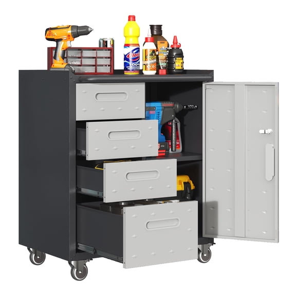 DKYNDSYN Mobile Tool Storage Cabinet with 4 Drawers and 1 Door, Metal Garage Rolling Cart with Lock and Adjustable Shelf, 29.5x16.5x34.6 inches, 500 lbs Capacity, Assembly Required, Black/Gray
