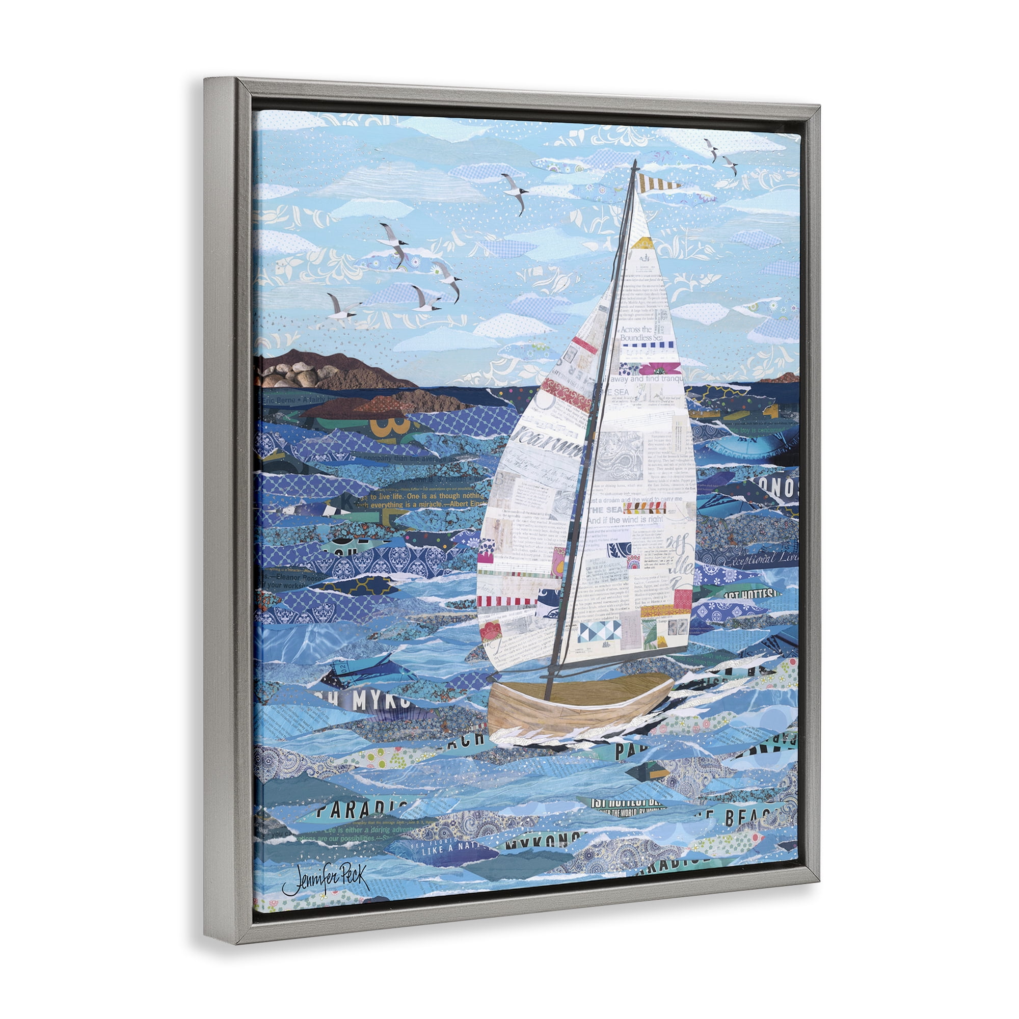 Stupell Industries Collaged Sailboat Scene Transportation Painting Gray Floater Framed Canvas Art Print Wall Art, 25 x 31