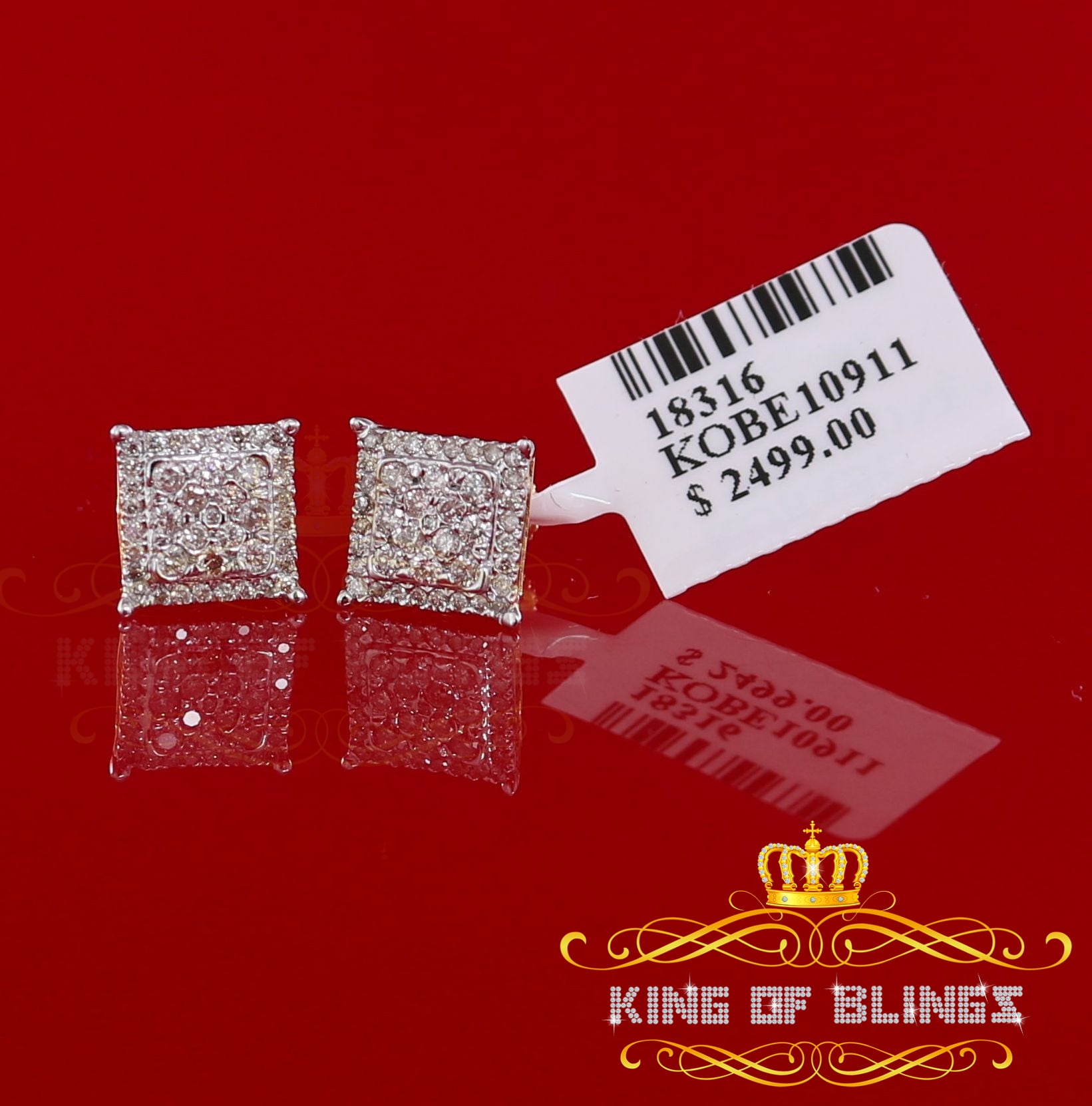 King of Bling's 10K Real Yellow Gold with 0.55CT Real Diamond Men's/Women's Stud Square Earrings