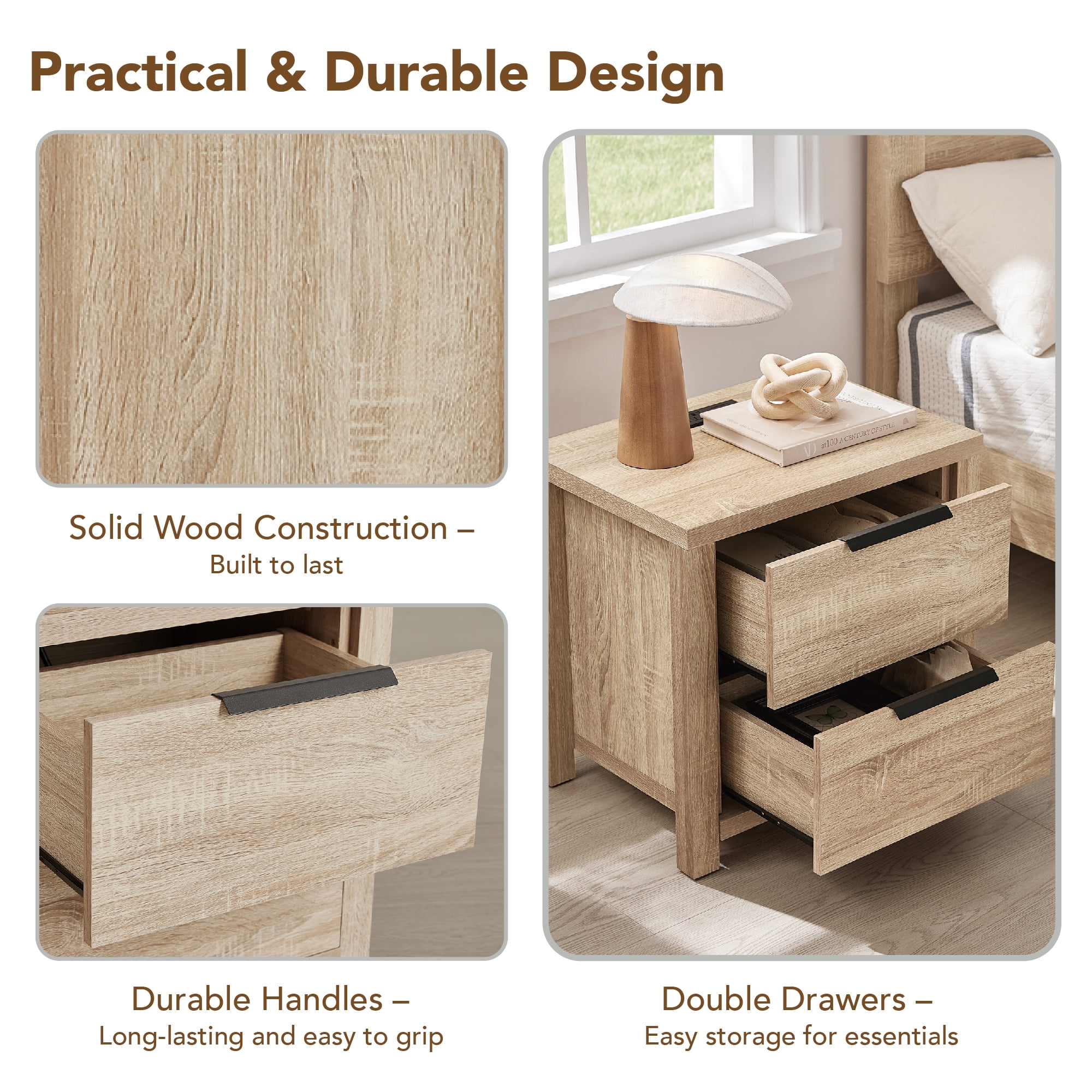 Spruce & Spring Farmhouse Nightstand with 2 Drawers, USB & Type-C Port and Power Outlets