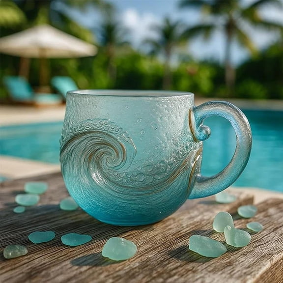 Handblown Sea Wave Glass Mug, 12oz Ocean Inspired Textured Tumbler, Blue Ceramic Tea Cup & Wine Vessel, Unique Beach Theme Gift for Coastal Decor Lovers
