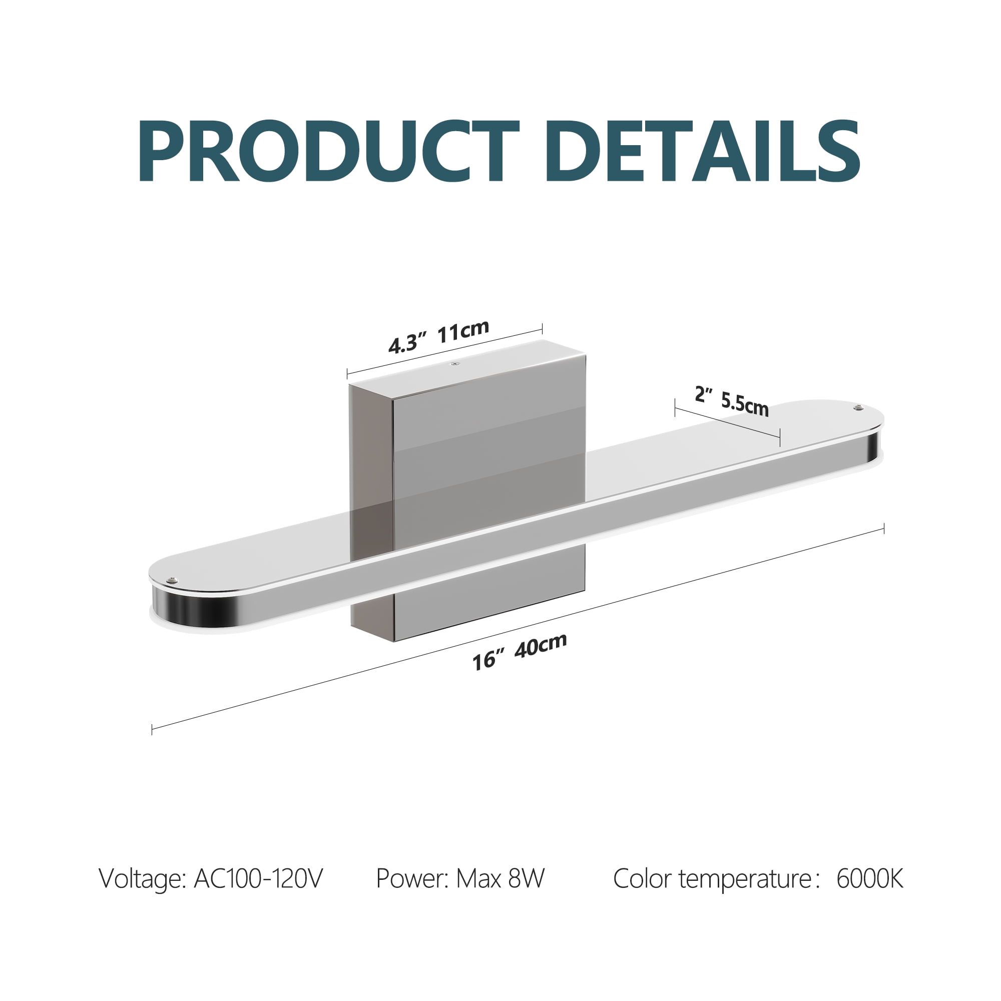 17.7 Inch 8W IP44 Chrome LED Bathroom Vanity Light Lamp Over Mirror Lighting Fixture Indoor Wall Sconce Modern Natural White 6000K