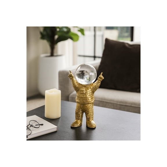 Astronaut Sculpture with Crystal Orb Accent for Home Decor - Ornaments for Bathroom, Office, and Living Room Display Styling - Metal Figurine for Shelf or Coffee Table - 9", Gold & Metallic