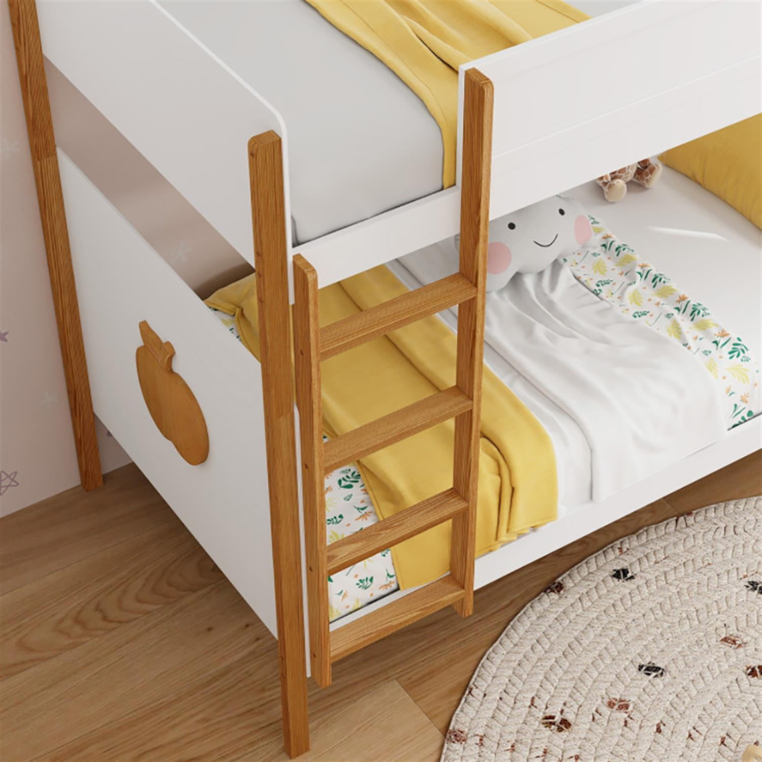 Demi Bonn Twin Over Twin Bunk Bed with Integrated Ladder and Safety Guardrails, Twin Bunk Beds, Space-saving Solid Wood Bed Frame, White
