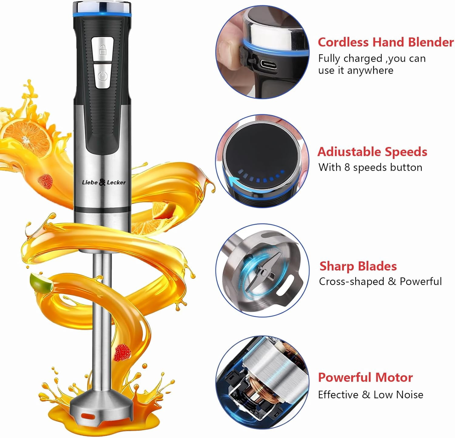 Liebe&Lecker Immersion Blender Handheld Cordless, 3 in 1 Cordless Hand Blender, 8 Speed Emulsion with Whisk Milk Frother for Soup Smoothie