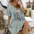 thumbnail image 3 of Ichuanyi Women V-neck Printing Flare Sleeves leisure Time On Vacation Short Sleeves Dress, 3 of 6