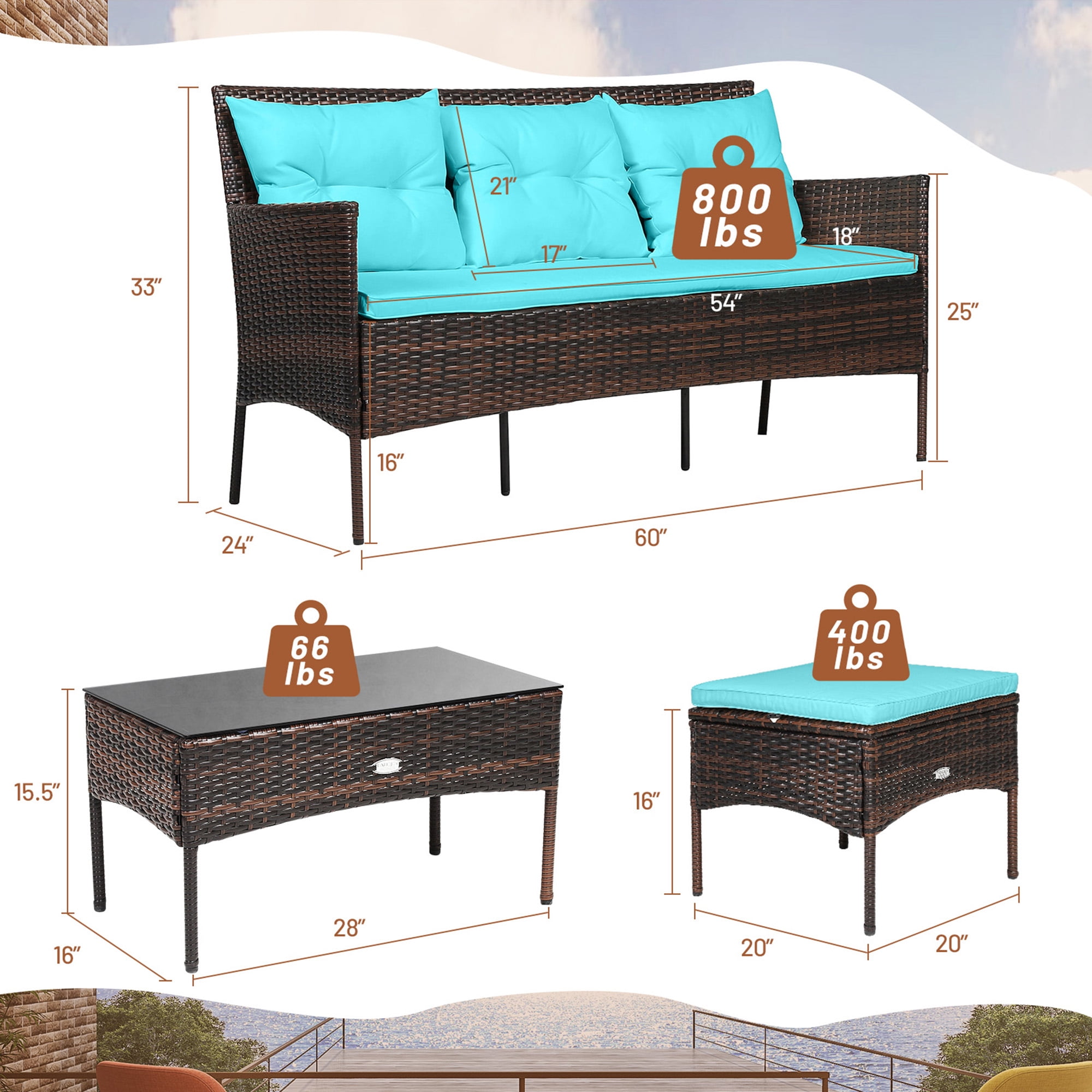 Gymax 3PCS Patio Rattan Sectional Conversation Furniture Set w/ Turqouise Cushions