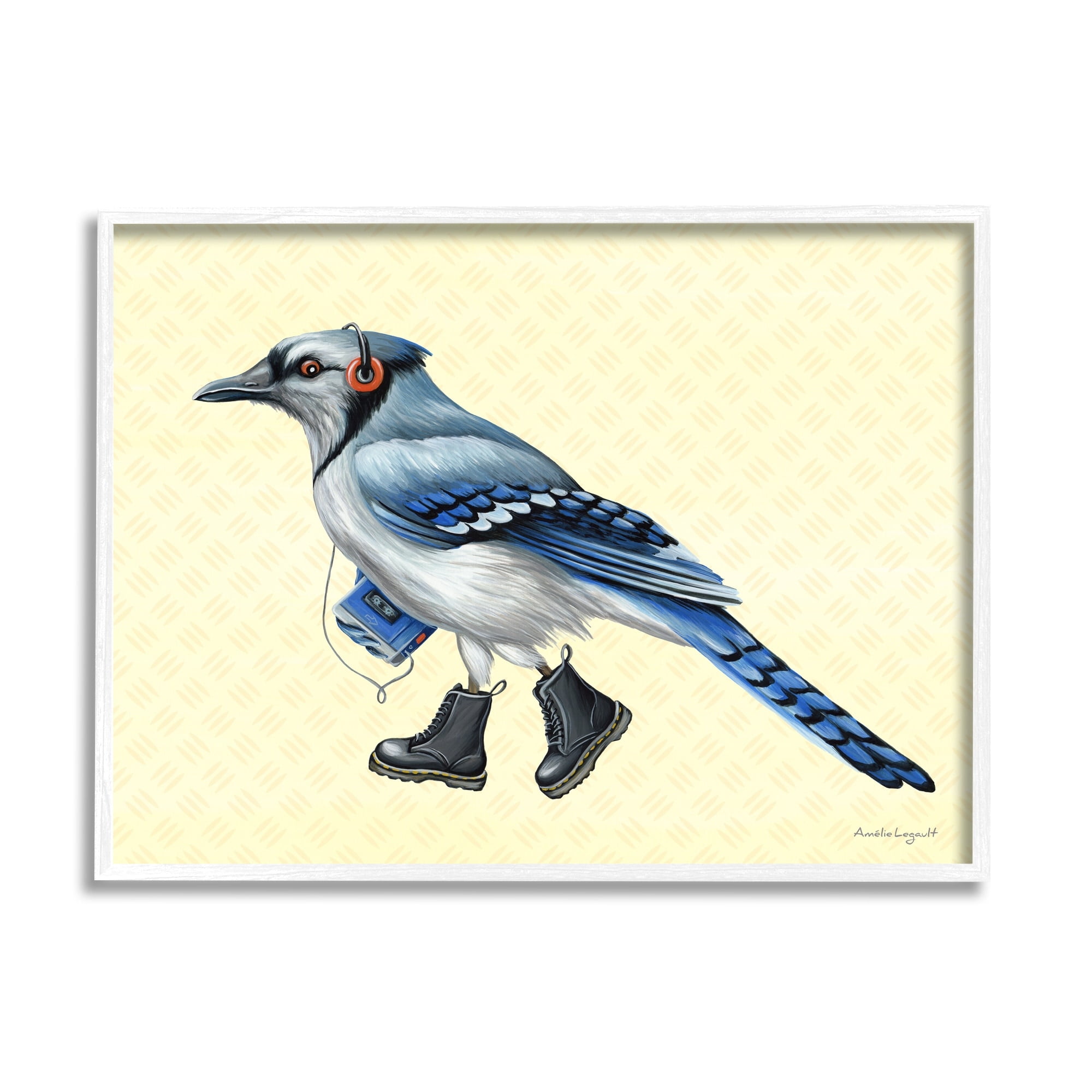 Stupell Industries Blue Jay Bird Combat Boots Retro Tape Cassette Graphic Art White Framed Art Print Wall Art, Design by Amelie Legault
