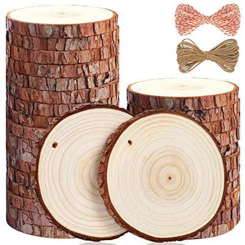5ARTH Tranches de Bois Naturel - 30 Pcs 3.5-4 Pouces kit de Bois Non Fini Pré-Percé avec Trou Cercles en Bois pour Arts Tranches de Bois Ornements de Noël Bricolage