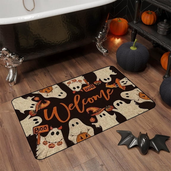 Halloween Ghost Welcome Doormat Non-Slip Entryway Rug, Indoor Floor Mat for Porch Bathroom Kitchen 23.6 x 15.7in