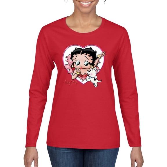 Wild Bobby, Betty Boop Heart Blowing Kiss Dog Betty Boop Womens Long Sleeve T-Shirt, Red, XX-Large