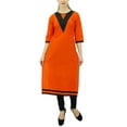 thumbnail image 1 of Bimba Women's Cotton 3/4 Sleeve solid Pattern kurti with Contrast Yoke, 1 of 9