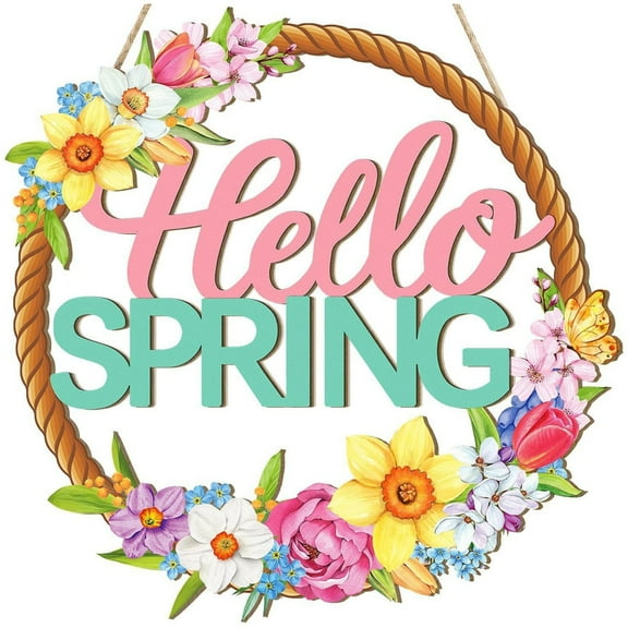 Wooden Spring Decoration Door Wreath For Front Door Sign Wall Signs Hollow Flower Wreath Sign Hello Spring Welcome Hanging For Home Wall Decor Party Outdoor Indoor Decoration