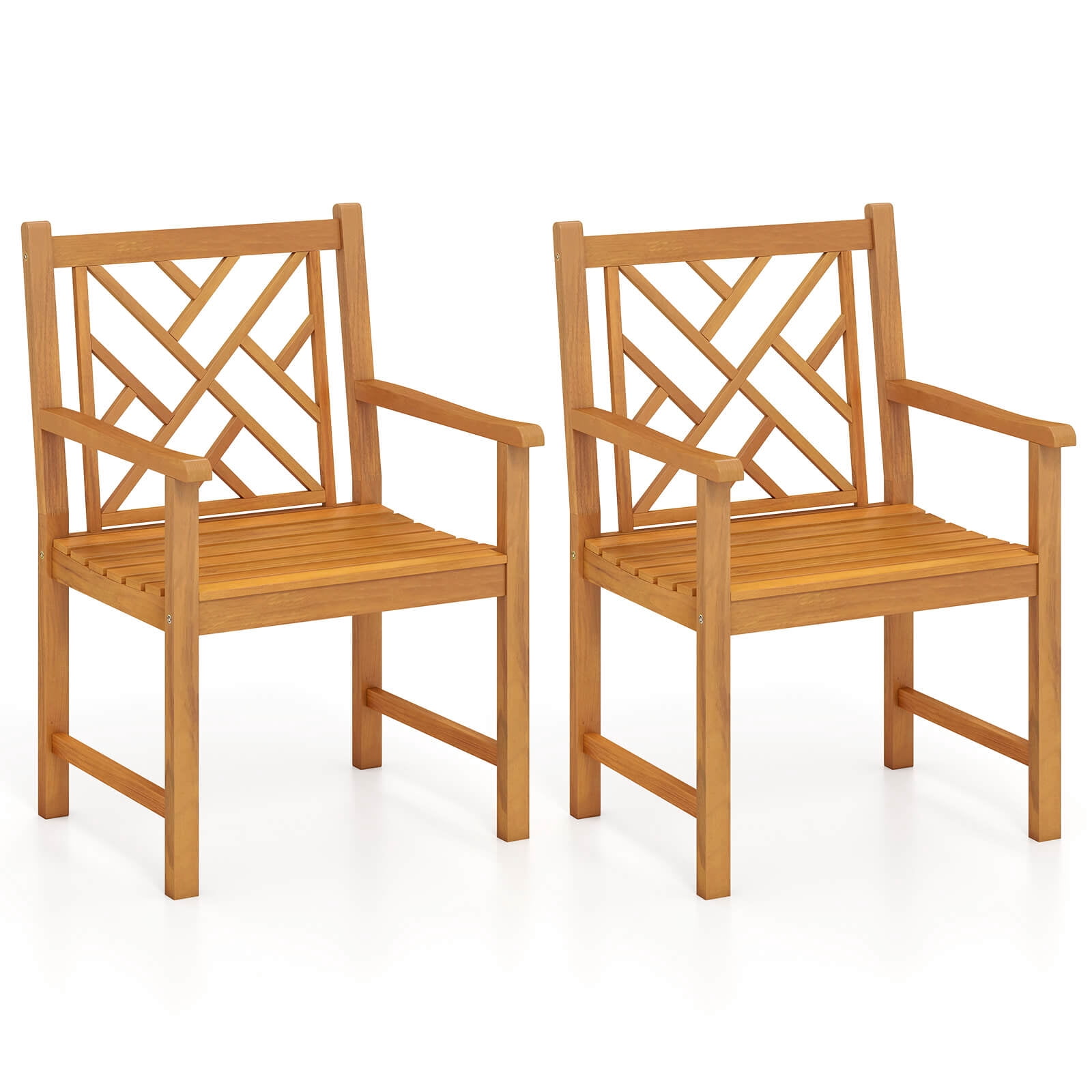 Costway Outdoor Dining Chairs Set of 2 Acacia Wood Slatted Patio Chairs with Armrests
